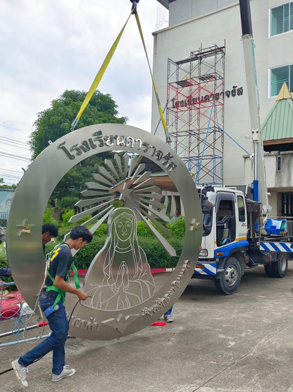 ป้ายสแตนเลส ป้ายโรงเรียน ขนาดใหญ่ โลโก้โรงเรียน ตราสัญลักษณ์สแตนเลสขนาดใหญ่